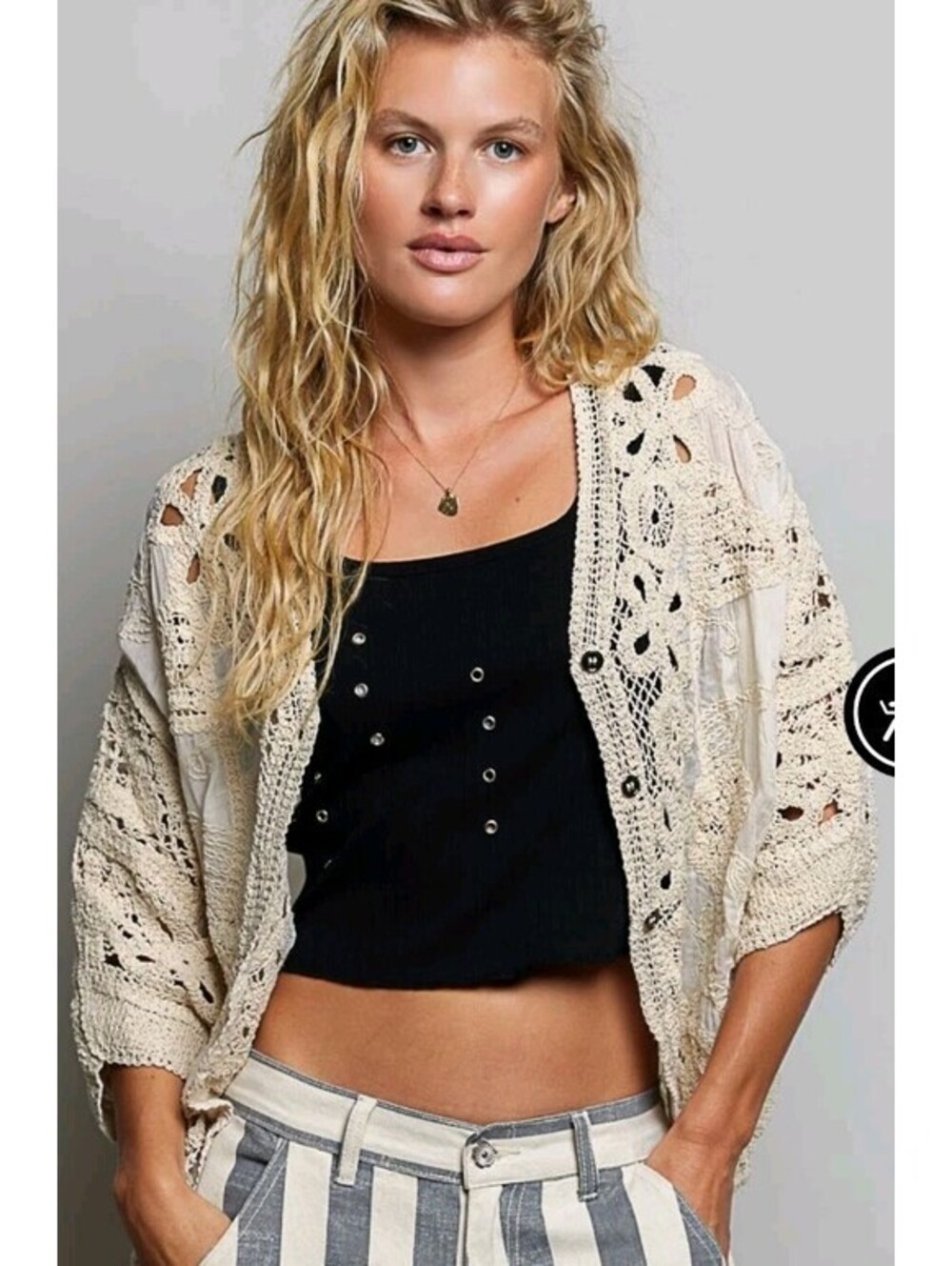 POL Open Front Crochet Heart Button Front Pattern Crochet Cardigan in Natural